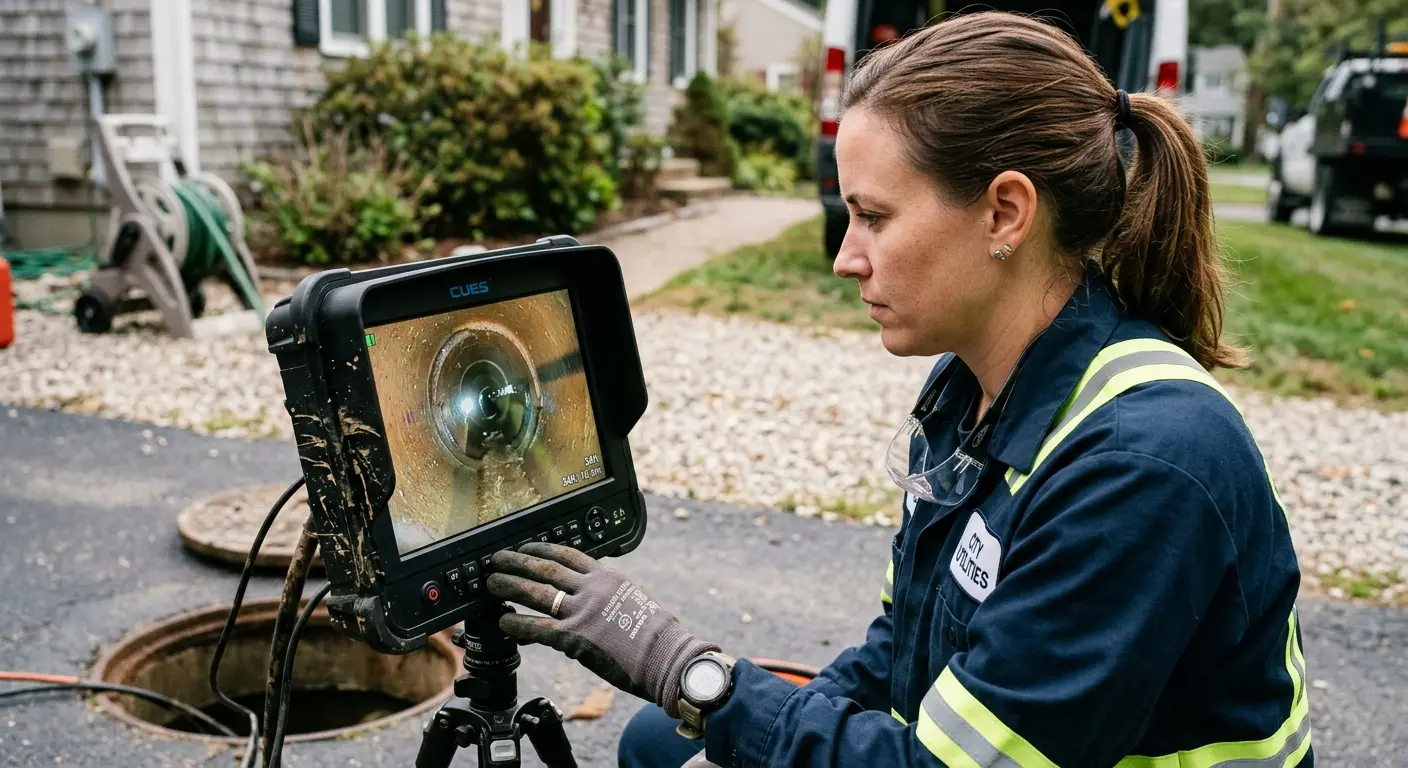 Technician reviewing sewer camera inspection footage in Adelphi