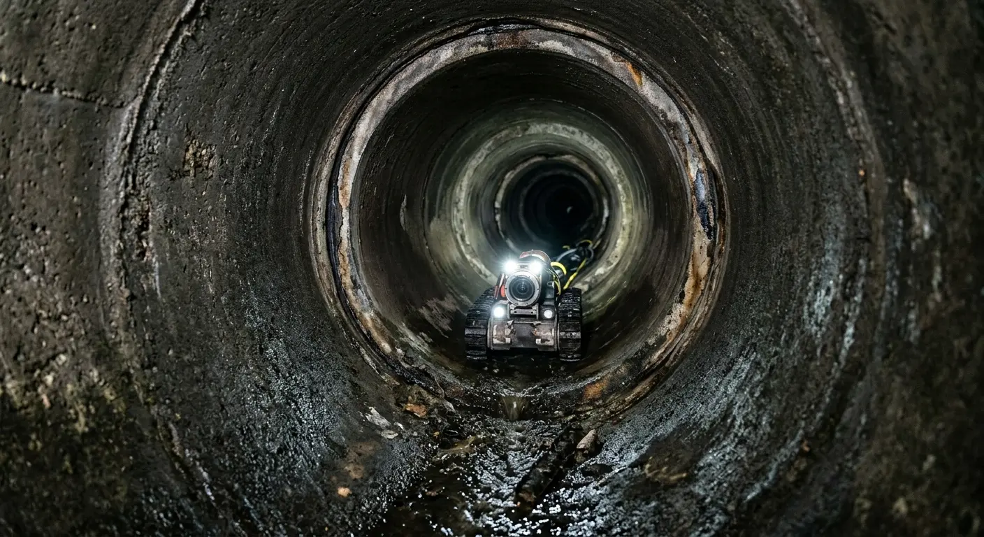 Robotic sewer camera inspecting pipe interior for Sewer Line Cleaning in Adelphi
