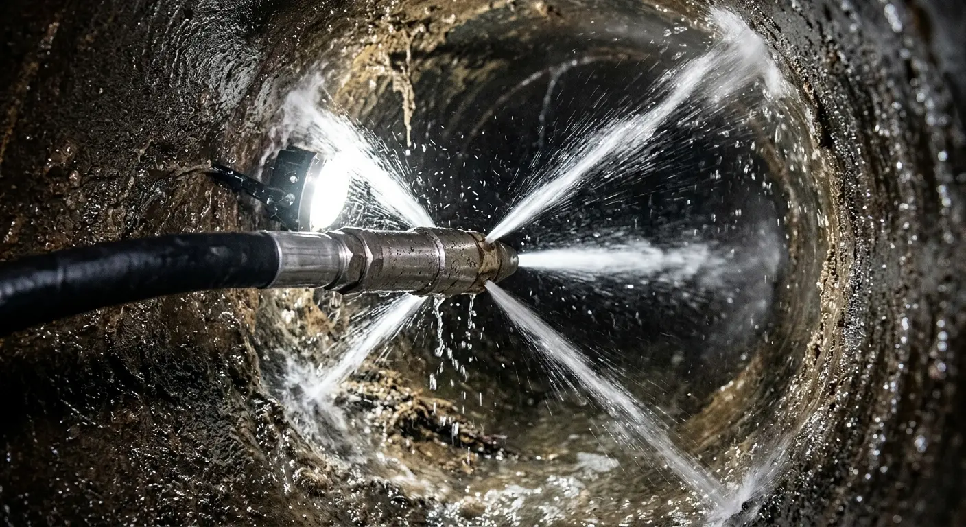 High-pressure hydro jetting nozzle cleaning sewer pipe for Emergency Drain Service in Adelphi