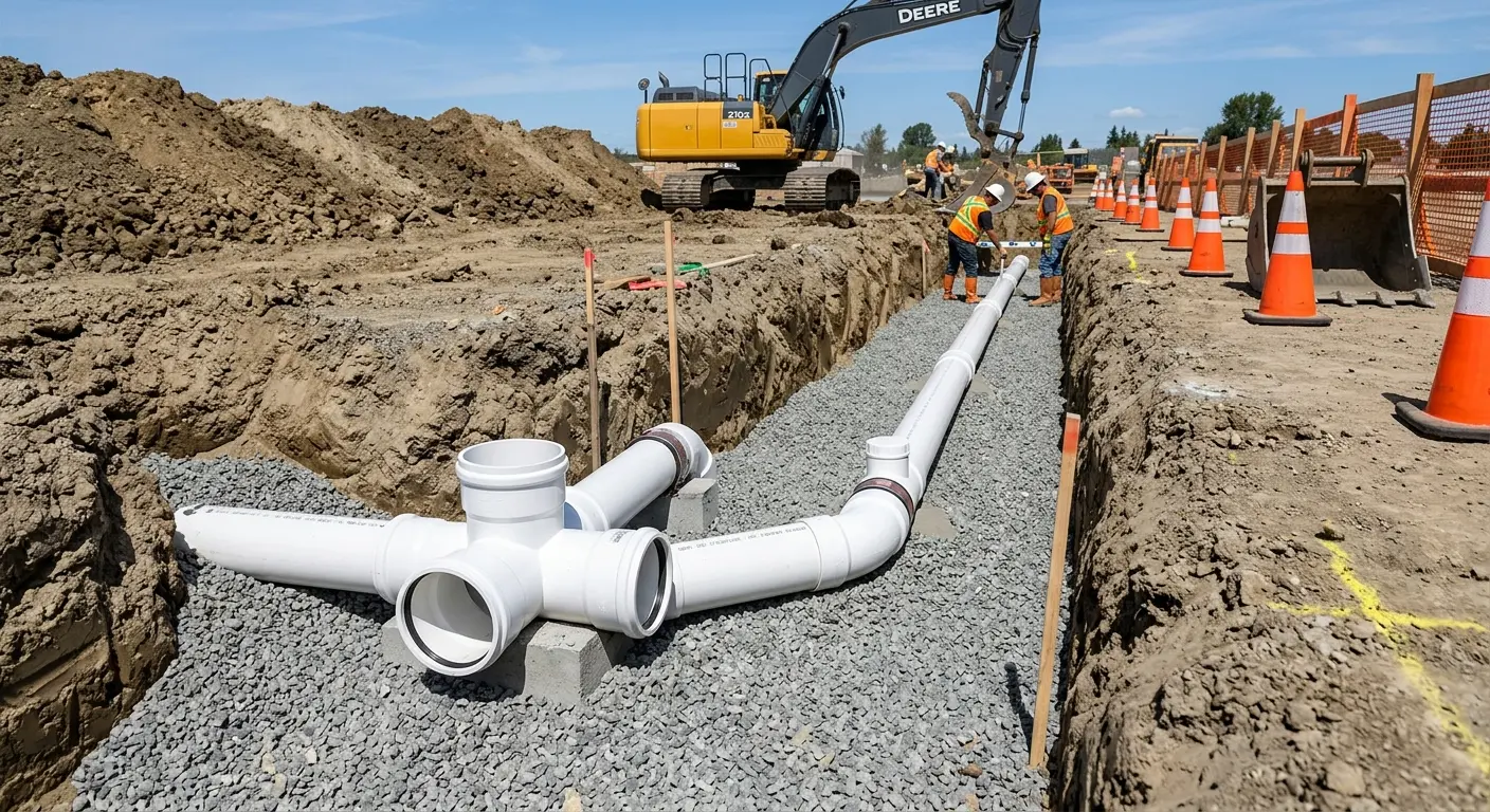 New PVC sewer pipe installation in open trench for Commercial Drain Cleaning in Adelphi