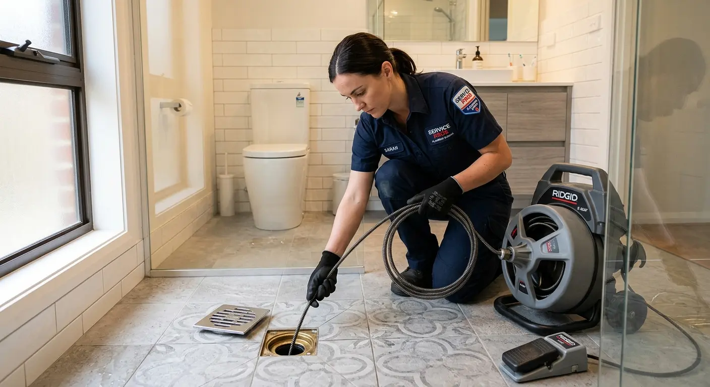 Technician clearing a bathroom floor drain for Clogged Drain Repair in Adelphi